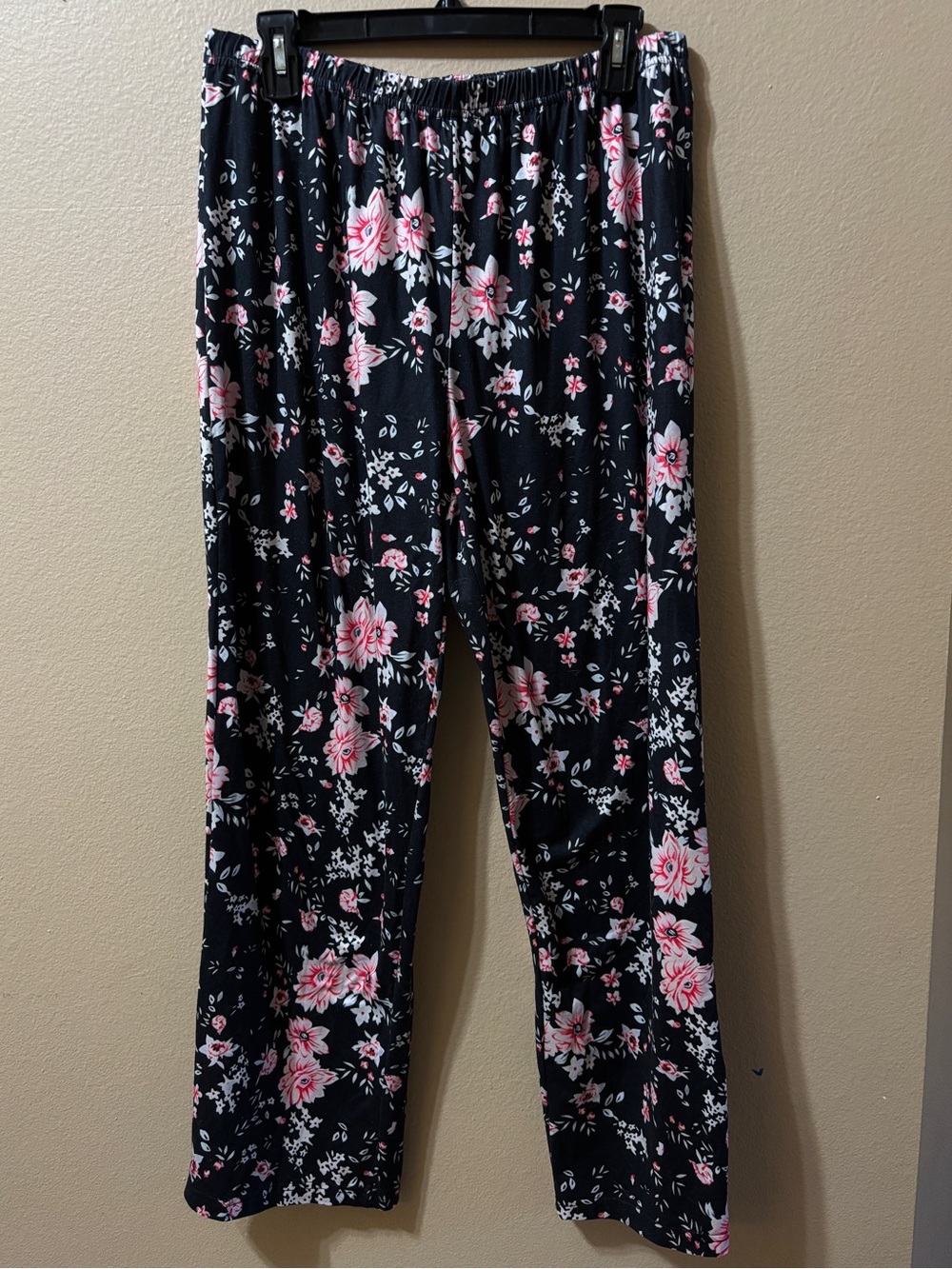 EKOUAER Womens Pants L Black Pink White Floral Elastic Waist Regular